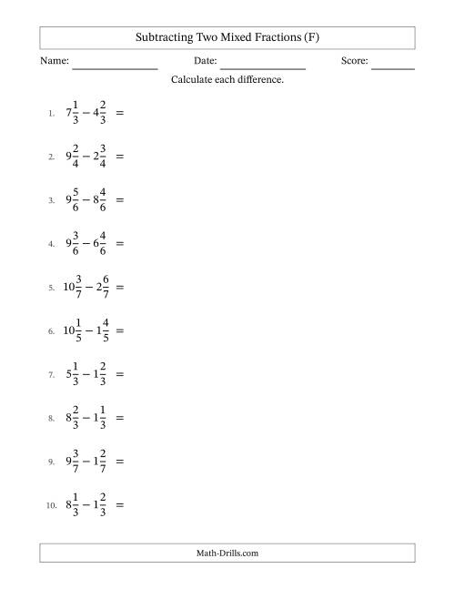 The Subtracting Two Mixed Fractions with Equal Denominators, Mixed Fractions Results and No Simplifying (F) Math Worksheet
