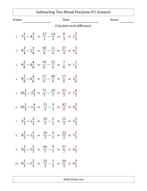 The Subtracting Two Mixed Fractions with Equal Denominators, Mixed Fractions Results and No Simplifying (F) Math Worksheet Page 2