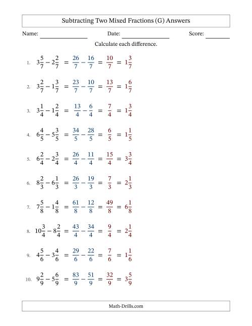 The Subtracting Two Mixed Fractions with Equal Denominators, Mixed Fractions Results and No Simplifying (G) Math Worksheet Page 2