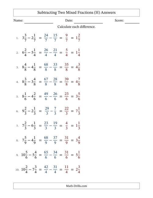 The Subtracting Two Mixed Fractions with Equal Denominators, Mixed Fractions Results and No Simplifying (H) Math Worksheet Page 2