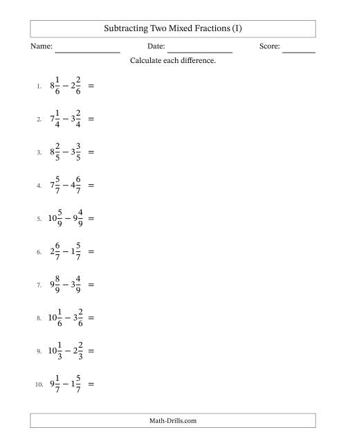 The Subtracting Two Mixed Fractions with Equal Denominators, Mixed Fractions Results and No Simplifying (I) Math Worksheet