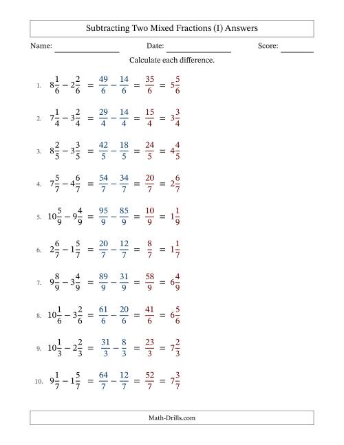 The Subtracting Two Mixed Fractions with Equal Denominators, Mixed Fractions Results and No Simplifying (I) Math Worksheet Page 2