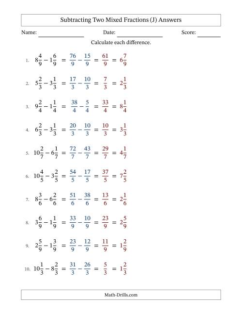 The Subtracting Two Mixed Fractions with Equal Denominators, Mixed Fractions Results and No Simplifying (J) Math Worksheet Page 2