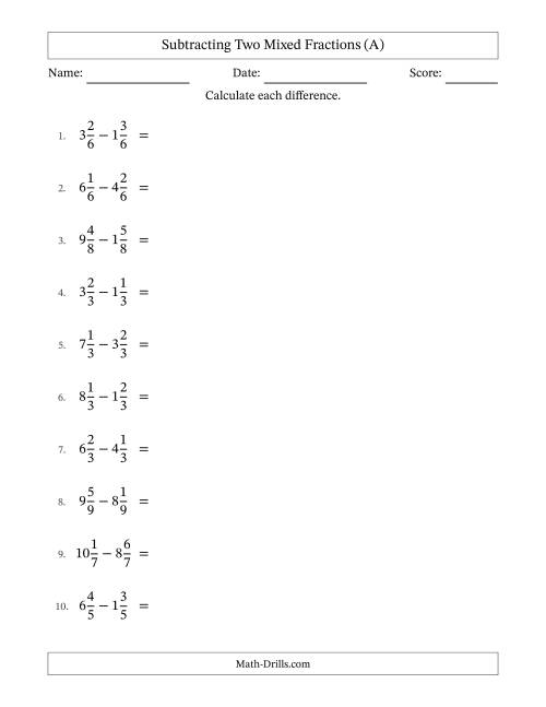 The Subtracting Two Mixed Fractions with Equal Denominators, Mixed Fractions Results and No Simplifying (All) Math Worksheet