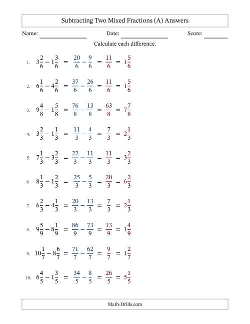 The Subtracting Two Mixed Fractions with Equal Denominators, Mixed Fractions Results and No Simplifying (All) Math Worksheet Page 2