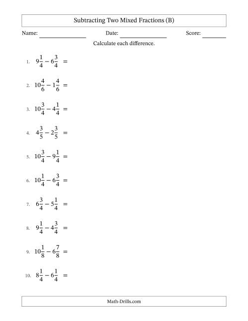 The Subtracting Two Mixed Fractions with Equal Denominators, Mixed Fractions Results and All Simplifying (B) Math Worksheet