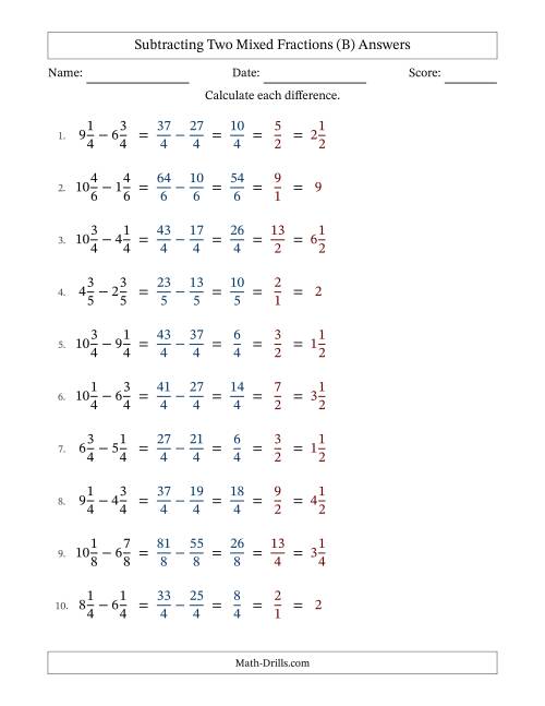 The Subtracting Two Mixed Fractions with Equal Denominators, Mixed Fractions Results and All Simplifying (B) Math Worksheet Page 2