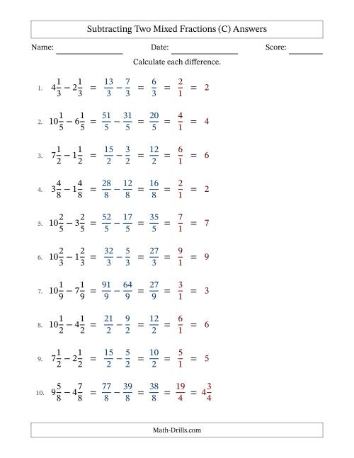 The Subtracting Two Mixed Fractions with Equal Denominators, Mixed Fractions Results and All Simplifying (C) Math Worksheet Page 2