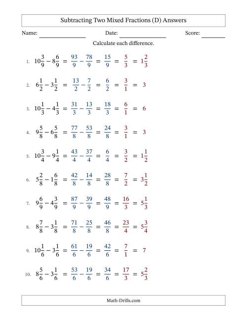 The Subtracting Two Mixed Fractions with Equal Denominators, Mixed Fractions Results and All Simplifying (D) Math Worksheet Page 2