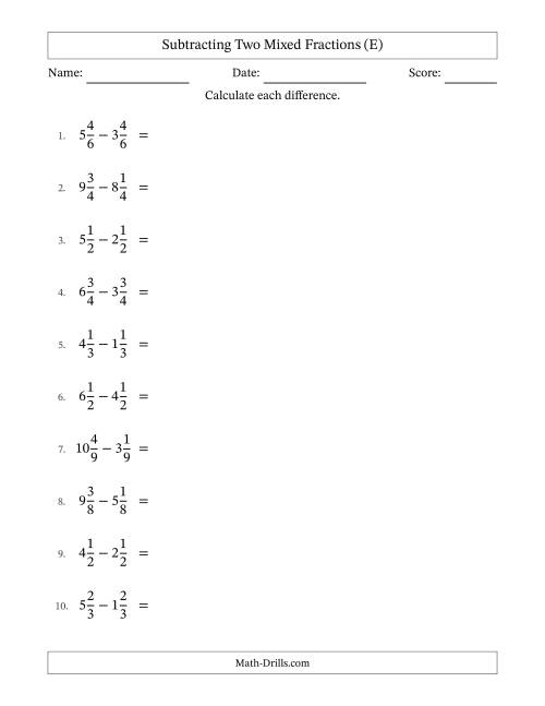The Subtracting Two Mixed Fractions with Equal Denominators, Mixed Fractions Results and All Simplifying (E) Math Worksheet