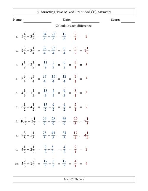 The Subtracting Two Mixed Fractions with Equal Denominators, Mixed Fractions Results and All Simplifying (E) Math Worksheet Page 2