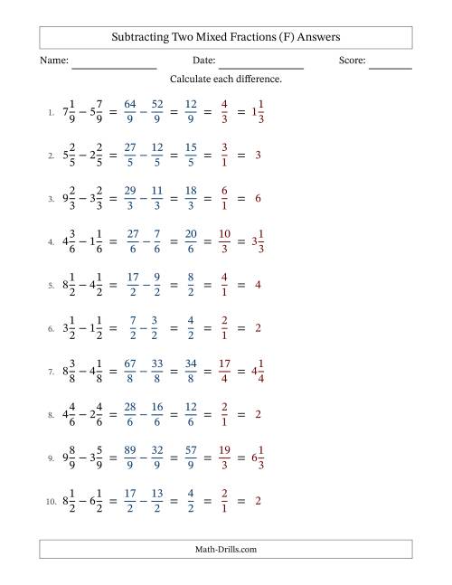 The Subtracting Two Mixed Fractions with Equal Denominators, Mixed Fractions Results and All Simplifying (F) Math Worksheet Page 2