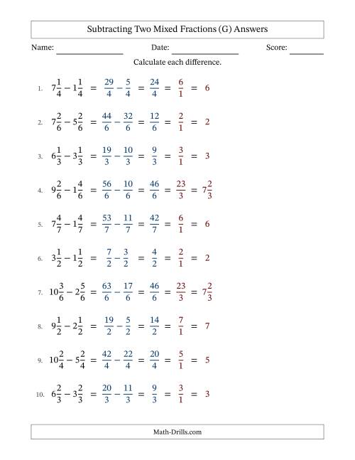 The Subtracting Two Mixed Fractions with Equal Denominators, Mixed Fractions Results and All Simplifying (G) Math Worksheet Page 2