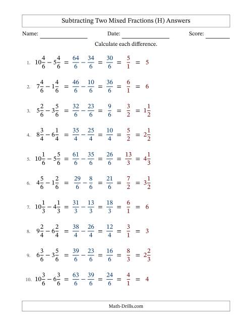 The Subtracting Two Mixed Fractions with Equal Denominators, Mixed Fractions Results and All Simplifying (H) Math Worksheet Page 2