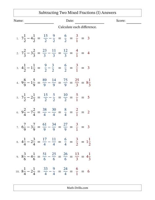 The Subtracting Two Mixed Fractions with Equal Denominators, Mixed Fractions Results and All Simplifying (I) Math Worksheet Page 2