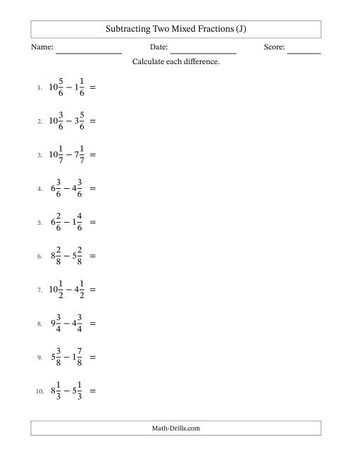 The Subtracting Two Mixed Fractions with Equal Denominators, Mixed Fractions Results and All Simplifying (J) Math Worksheet