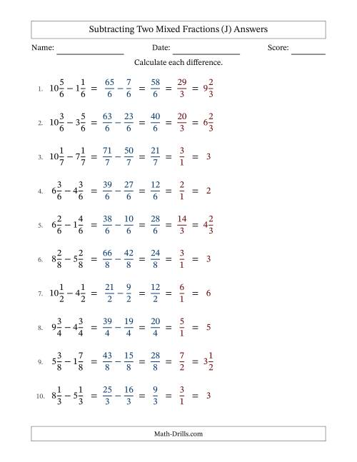The Subtracting Two Mixed Fractions with Equal Denominators, Mixed Fractions Results and All Simplifying (J) Math Worksheet Page 2