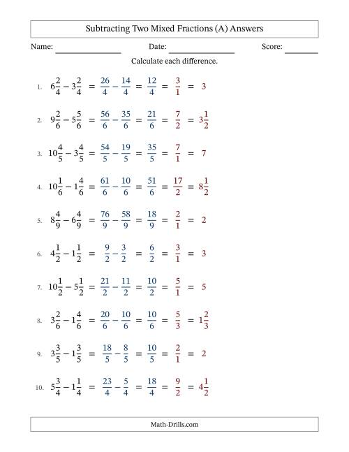 The Subtracting Two Mixed Fractions with Equal Denominators, Mixed Fractions Results and All Simplifying (All) Math Worksheet Page 2