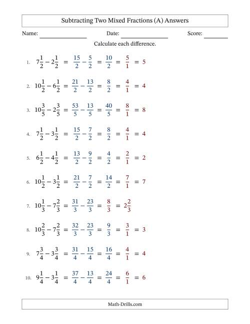 The Subtracting Two Mixed Fractions with Equal Denominators, Mixed Fractions Results and Some Simplifying (A) Math Worksheet Page 2