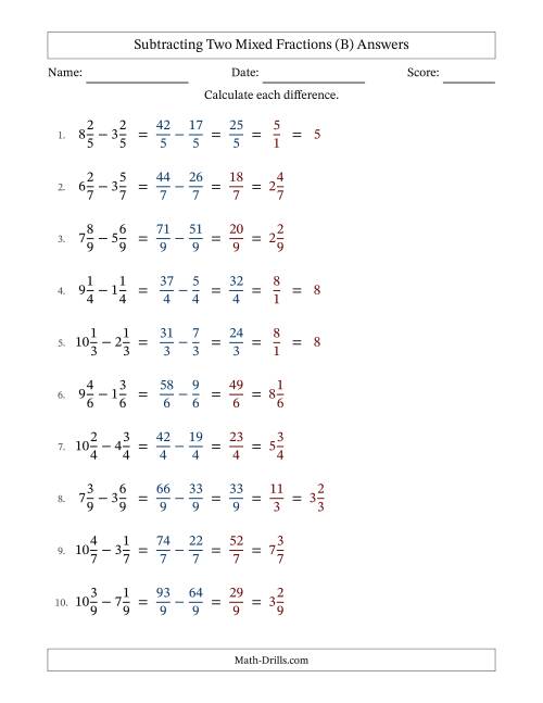 The Subtracting Two Mixed Fractions with Equal Denominators, Mixed Fractions Results and Some Simplifying (B) Math Worksheet Page 2