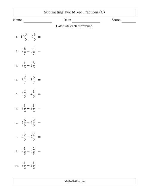 The Subtracting Two Mixed Fractions with Equal Denominators, Mixed Fractions Results and Some Simplifying (C) Math Worksheet