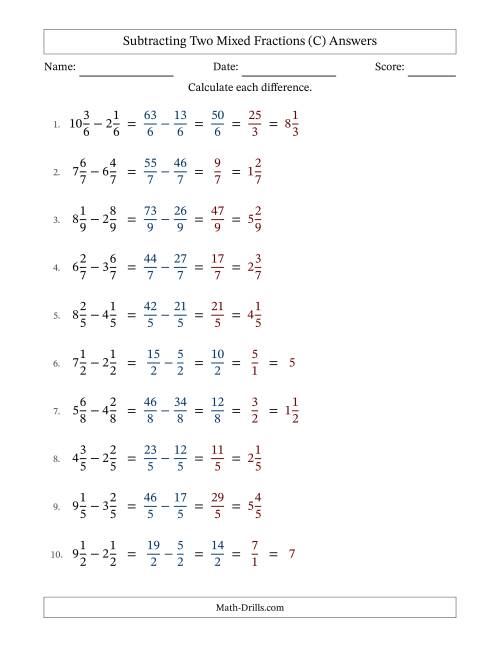 The Subtracting Two Mixed Fractions with Equal Denominators, Mixed Fractions Results and Some Simplifying (C) Math Worksheet Page 2