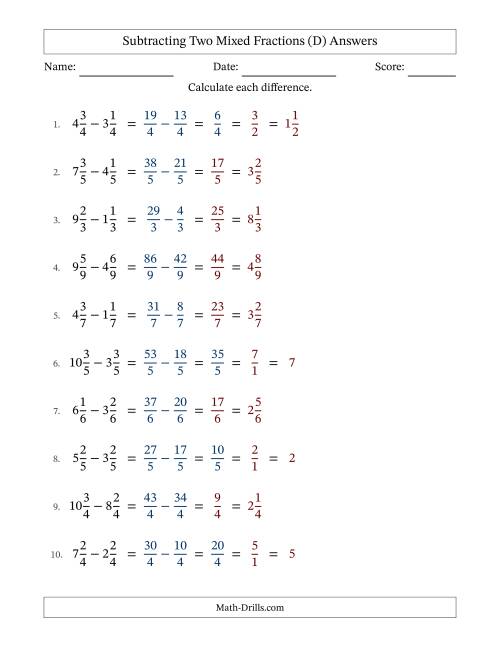The Subtracting Two Mixed Fractions with Equal Denominators, Mixed Fractions Results and Some Simplifying (D) Math Worksheet Page 2
