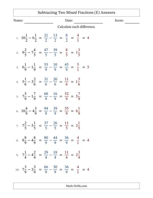 The Subtracting Two Mixed Fractions with Equal Denominators, Mixed Fractions Results and Some Simplifying (E) Math Worksheet Page 2