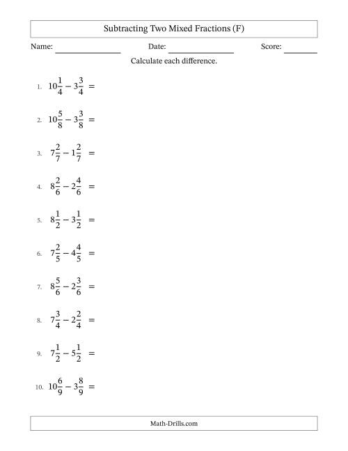 The Subtracting Two Mixed Fractions with Equal Denominators, Mixed Fractions Results and Some Simplifying (F) Math Worksheet