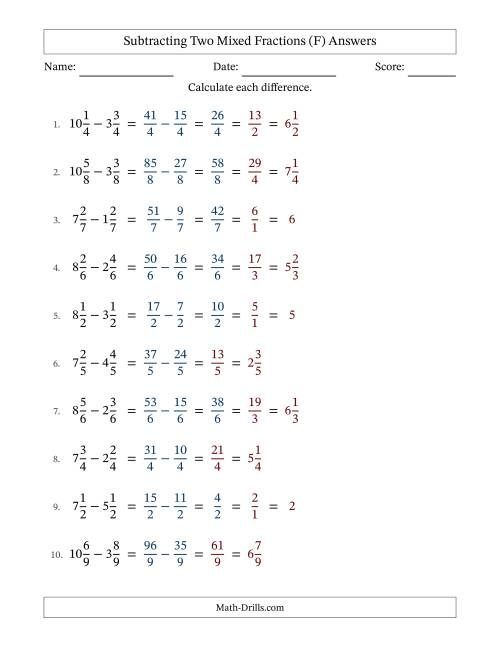 The Subtracting Two Mixed Fractions with Equal Denominators, Mixed Fractions Results and Some Simplifying (F) Math Worksheet Page 2