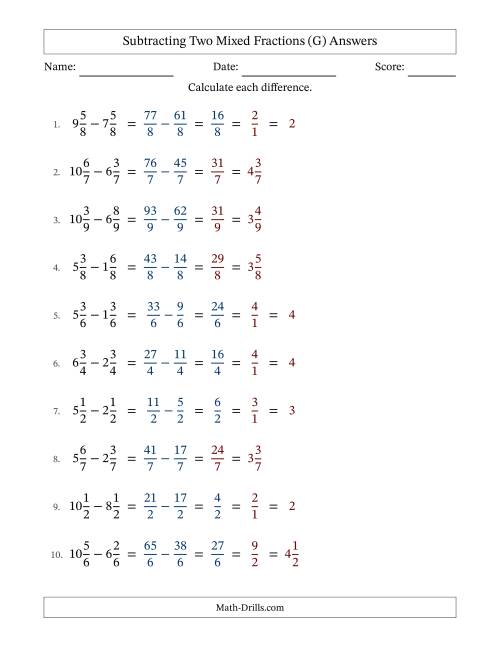 The Subtracting Two Mixed Fractions with Equal Denominators, Mixed Fractions Results and Some Simplifying (G) Math Worksheet Page 2
