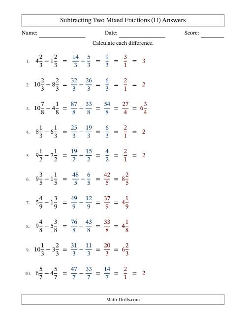 The Subtracting Two Mixed Fractions with Equal Denominators, Mixed Fractions Results and Some Simplifying (H) Math Worksheet Page 2