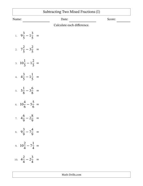 The Subtracting Two Mixed Fractions with Equal Denominators, Mixed Fractions Results and Some Simplifying (I) Math Worksheet