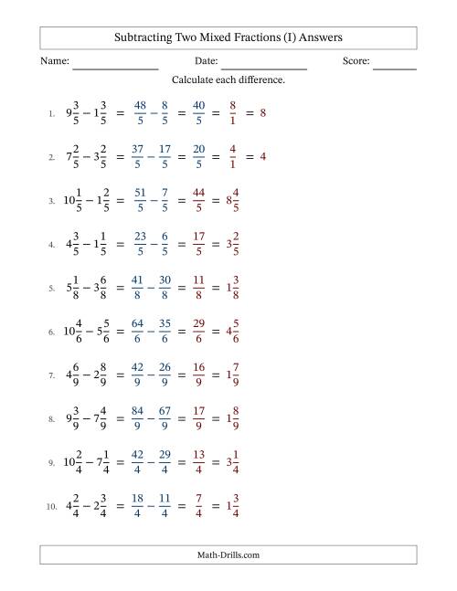The Subtracting Two Mixed Fractions with Equal Denominators, Mixed Fractions Results and Some Simplifying (I) Math Worksheet Page 2