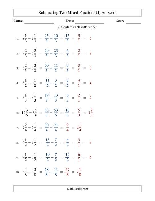 The Subtracting Two Mixed Fractions with Equal Denominators, Mixed Fractions Results and Some Simplifying (J) Math Worksheet Page 2