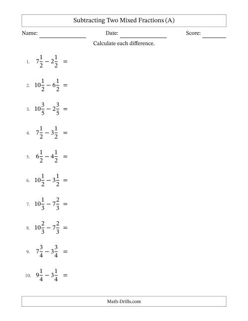 The Subtracting Two Mixed Fractions with Equal Denominators, Mixed Fractions Results and Some Simplifying (All) Math Worksheet