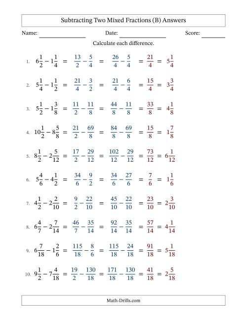 The Subtracting Two Mixed Fractions with Similar Denominators, Mixed Fractions Results and No Simplifying (B) Math Worksheet Page 2