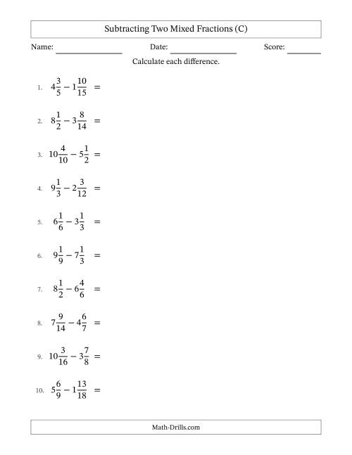 The Subtracting Two Mixed Fractions with Similar Denominators, Mixed Fractions Results and No Simplifying (C) Math Worksheet