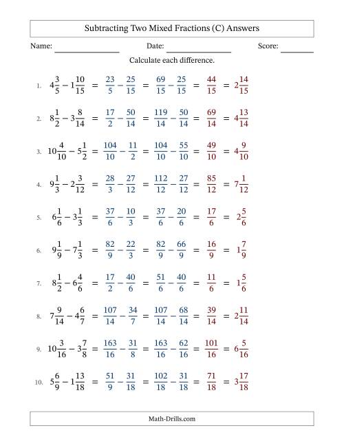 The Subtracting Two Mixed Fractions with Similar Denominators, Mixed Fractions Results and No Simplifying (C) Math Worksheet Page 2