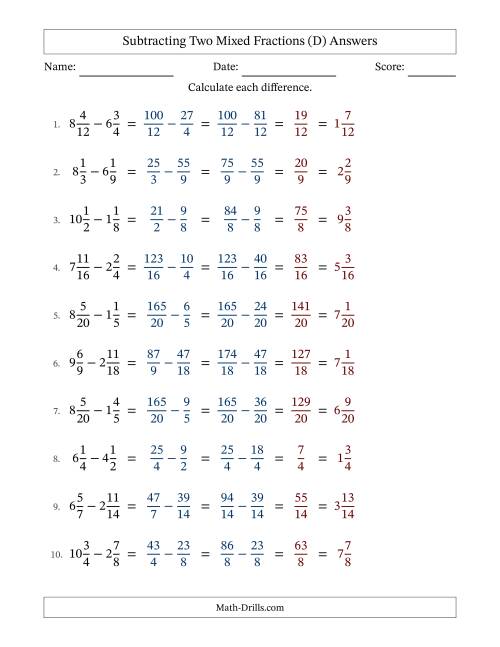 The Subtracting Two Mixed Fractions with Similar Denominators, Mixed Fractions Results and No Simplifying (D) Math Worksheet Page 2