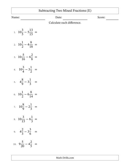 The Subtracting Two Mixed Fractions with Similar Denominators, Mixed Fractions Results and No Simplifying (E) Math Worksheet