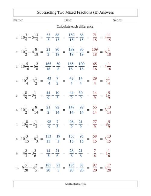 The Subtracting Two Mixed Fractions with Similar Denominators, Mixed Fractions Results and No Simplifying (E) Math Worksheet Page 2