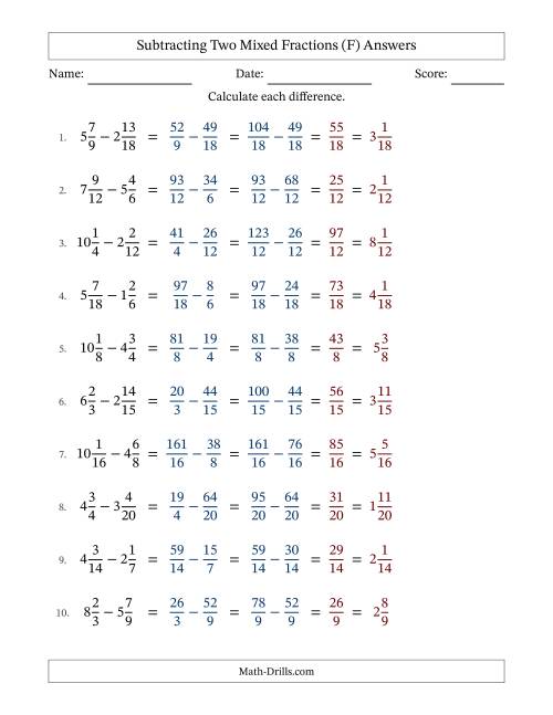The Subtracting Two Mixed Fractions with Similar Denominators, Mixed Fractions Results and No Simplifying (F) Math Worksheet Page 2