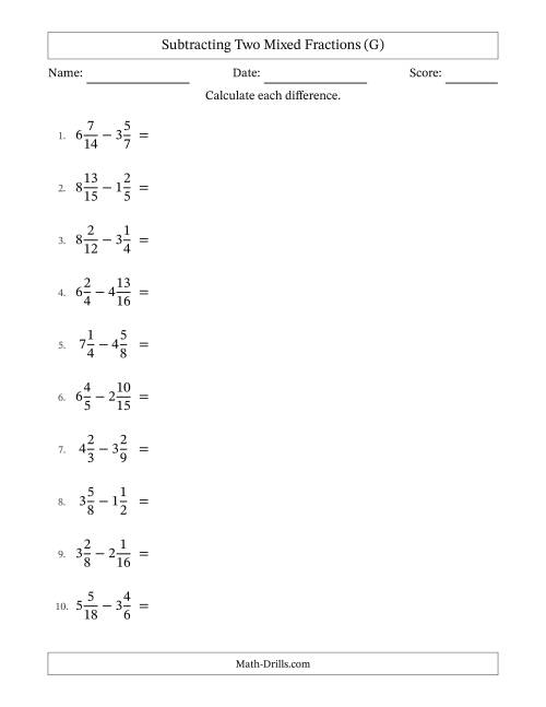 The Subtracting Two Mixed Fractions with Similar Denominators, Mixed Fractions Results and No Simplifying (G) Math Worksheet