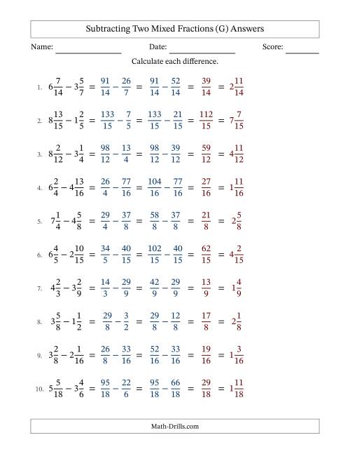 The Subtracting Two Mixed Fractions with Similar Denominators, Mixed Fractions Results and No Simplifying (G) Math Worksheet Page 2