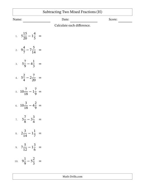 The Subtracting Two Mixed Fractions with Similar Denominators, Mixed Fractions Results and No Simplifying (H) Math Worksheet