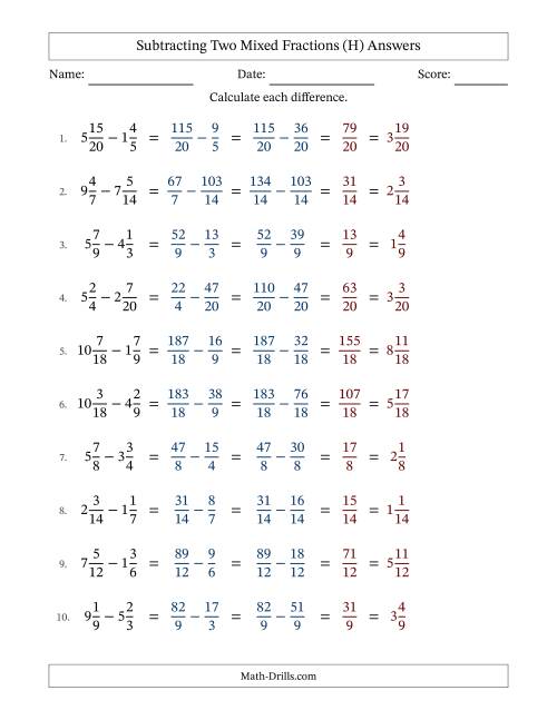 The Subtracting Two Mixed Fractions with Similar Denominators, Mixed Fractions Results and No Simplifying (H) Math Worksheet Page 2