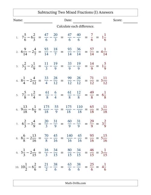The Subtracting Two Mixed Fractions with Similar Denominators, Mixed Fractions Results and No Simplifying (I) Math Worksheet Page 2