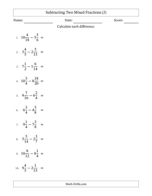 The Subtracting Two Mixed Fractions with Similar Denominators, Mixed Fractions Results and No Simplifying (J) Math Worksheet
