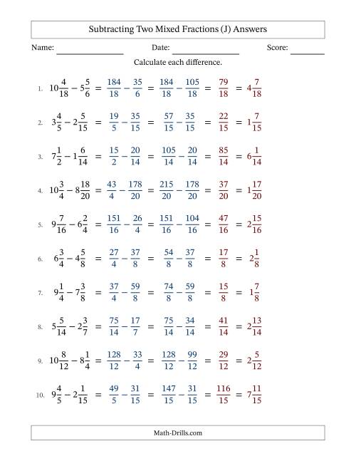The Subtracting Two Mixed Fractions with Similar Denominators, Mixed Fractions Results and No Simplifying (J) Math Worksheet Page 2